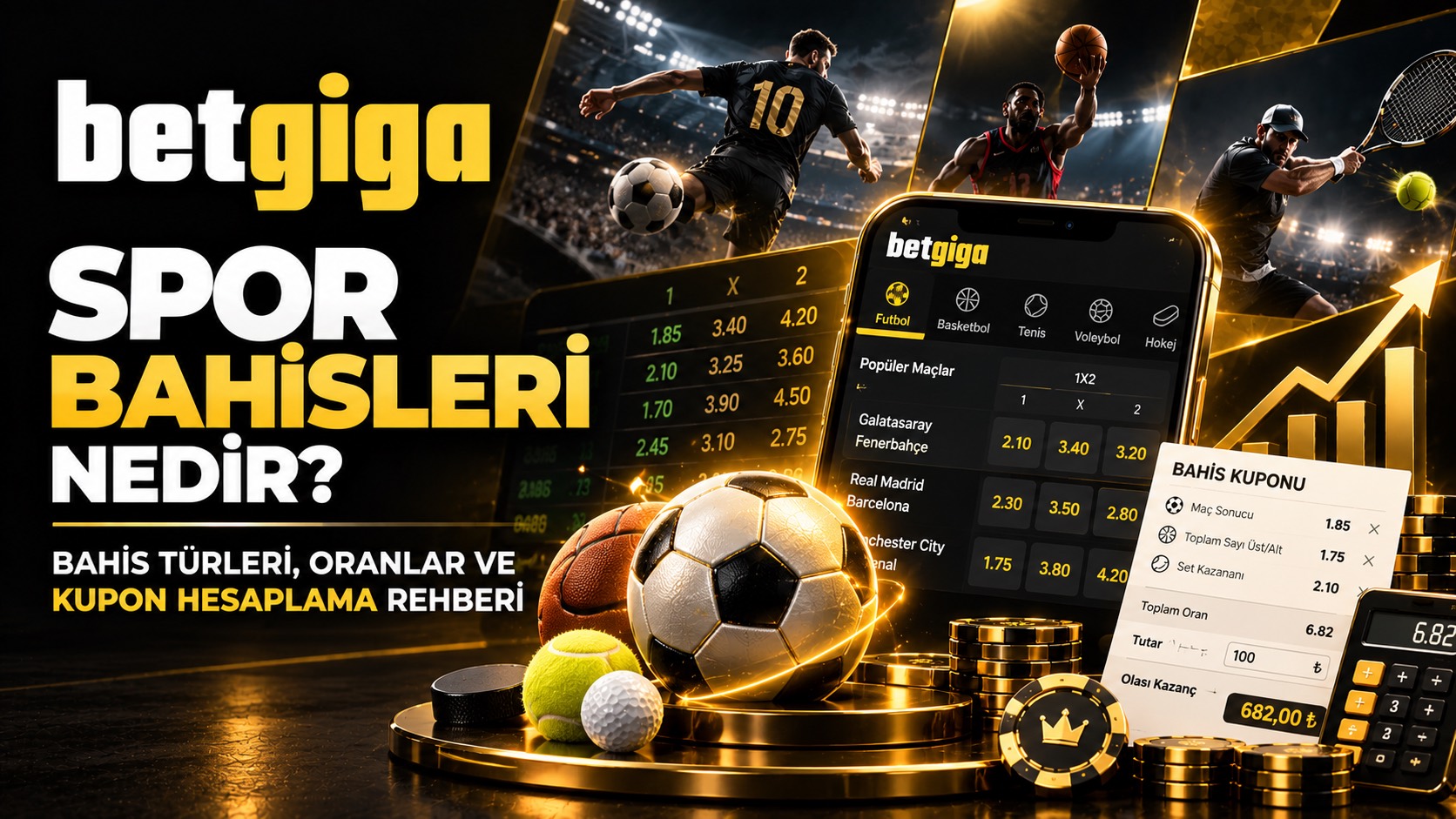 Canlı bahis kuralları rehberi için stadyum ışıkları altında futbolcu, basketbolcu ve tenisçi ile canlı oran ekranı